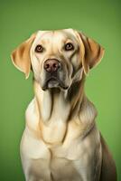 ai genererad porträtt av labrador retriever hund Sammanträde på en grön bakgrund, studio Foto. foto