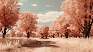 ett infraröd bild av en smuts väg i de mitten av en fält generativ ai foto