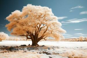 ett infraröd bild av en träd i de mitten av en fält generativ ai foto