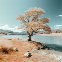 ett infraröd bild av en träd på de Strand av en sjö generativ ai foto