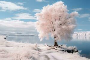 ett infraröd bild av en träd på de Strand av en sjö generativ ai foto