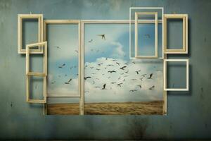 ett öppen fönster med fåglar flygande ut av den generativ ai foto