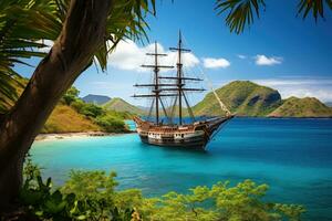 ai genererad segling fartyg i de tropisk hav på seychellerna, trä- lång fartyg segling i en karibiska ö bukt, ai genererad foto