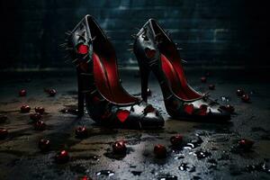 ai genererad svart hög häl kvinnor skor med röd hjärtan på våt golv. svart bakgrund, kvinnor skor stampa på bruten hjärta i mörk tona., obesvarad kärlek, ai genererad foto