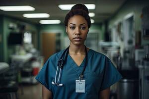 ai genererad porträtt av allvarlig sjuksköterska stående i sjukhus korridor. ung afrikansk amerikan kvinna läkare ser på kamera. medicin och sjukvård begrepp, ung afrikan-amerikan sjuksköterska i klinik foto