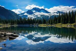 ai genererad bergen reflekterad i de sjö, jaspis nationell parkera, alberta, Kanada, visslare berg reflekterad i förlorat sjö med en blå nyans, ai genererad foto