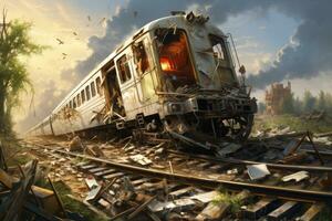 ai genererad tåg förstörd förbi de brand. digital målning. 3d illustration, en allvarlig järnväg olycka, ai genererad foto
