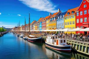 ai genererad nyhavn är ett av de mest populär turist destinationer i köpenhamn, Danmark, Fantastisk historisk stad Centrum, nyhavn ny hamn kanal och underhållning distrikt i köpenhamn foto