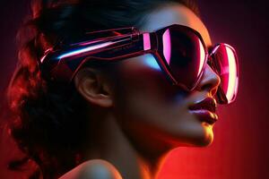 ai genererad 80 s stil affisch terar en flicka i solglasögon i neon ljus. disko stil. genererad förbi artificiell intelligens foto