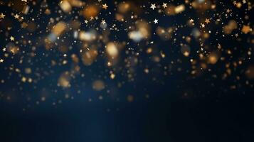 ai genererad ai genererad abstrakt suddigt gnistrande bakgrund med gyllene stjärna folie partiklar för jul Semester design begrepp. foto