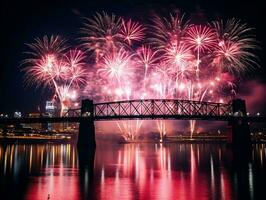 ai genererad ai genererad ny år firande fyrverkeri över bro Nedan urban stad. foto