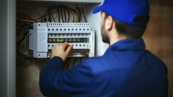 ai genererad fångande de koncentration av en ung elektriker på arbete på en husets elektrisk panel foto