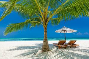 Fantastisk strand. romantisk stolar paraply på sandig strand handflatan löv, Sol hav himmel. sommar Semester, par semester. kärlek Lycklig tropisk landskap. lugn ö kust koppla av skön landskap design foto