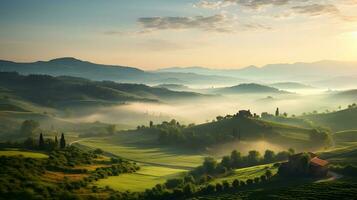 ai genererad skön landskap av Toscana, Italien, på soluppgång foto