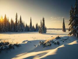 ai genererad skön vinter- landskap med solnedgång i de snöig berg, träd täckt med snö foto