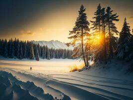 ai genererad skön vinter- landskap med solnedgång i de snöig berg, träd täckt med snö foto