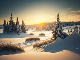 ai genererad skön vinter- landskap med solnedgång i de snöig berg, träd täckt med snö foto