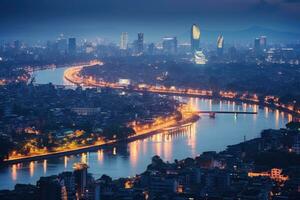 ai genererad panorama- se av de stad av bangkok på natt, antenn horisont se av hanoi, hanoi stadsbild på skymning, ai genererad foto