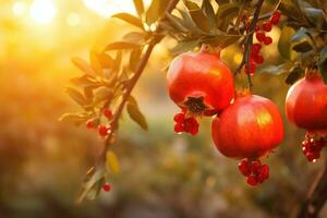 ai genererad mogen granatäpple frukt på träd i trädgård på solnedgång, en gren med naturlig granatäpplen mot en suddig bakgrund av en granatäpple trädgård under de gyllene timme, ai genererad foto