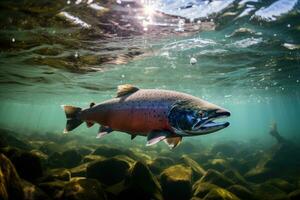 ai genererad regnbåge öring salmo tricolor simning under vattnet, verkan skott av en lax Hoppar ut av de vatten i en klar ström, ai genererad foto