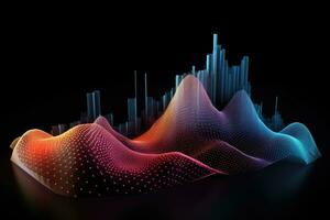ai genererad abstrakt 3d illustration av digital ljud Vinka i mörk bakgrund med lysande partiklar, abstrakt data Vinka poäng 3d Graf kombination, ai genererad foto