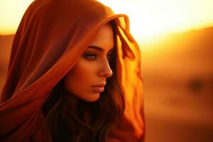 ai genererad porträtt av en ung skön flicka i en röd scarf på de bakgrund av de miljö Sol, arab kvinna i de öken- på solnedgång resa uppfattning, ai genererad foto