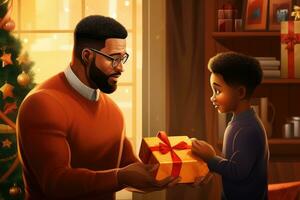 ai genererad afrikansk amerikan man ger en gåva till hans son. jul begrepp, afrikansk amerikan unge son ger gåva låda till pappa för Semester på Hem, ai genererad foto