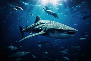 ai genererad val haj i djup blå hav. 3d framställa illustration, val haj och skola av hajar i en djup blå hav, ai genererad foto