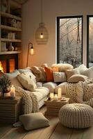 ai genererad varmt belyst levande rum med en öppen spis, inbjudande soffa, och plysch kuddar, perfekt för avkopplande på en kall vinter- dag. de rum är dekorerad i en neutral Färg palett med poppar av Färg foto