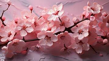 ai genererad en fotorealistisk bild av rosa körsbär blomma blommor på en gren med en mjuk och delikat utseende. de bakgrund är en lutning av rosa med en vattenliknande textur. foto