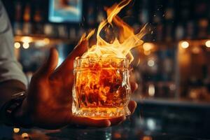 ai genererad bartender på arbete. närbild av manlig hand innehav en glas av whisky med is och brand, en glas av eldig cocktail på de bar disken mot de bakgrund av de bartendern händer foto