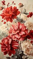 ai genererad en bukett av röd och rosa blommor är anordnad på en vit bakgrund i en sätt den där slingor de delikat kronblad och vibrerande färger av varje blomma. foto