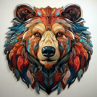 ai genererad digital konst av en färgrik Björn huvud med en mönster på dess päls, isolerat på en vit bakgrund. de björnens päls är tillverkad upp av en mängd av färger, Inklusive röd, grön, blå, och gul. foto