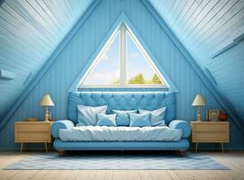 ai genererad inbjudande vinden levande rum med en blå foto