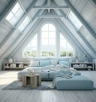 ai genererad mysigt vinden sovrum med en säng, takfönster, och sluttande tak. de rum är dekorerad i en minimalistisk stil med vit väggar och ljus trä möbel. foto