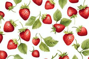 ai genererad sömlös mönster med jordgubbar och löv på vit bakgrund. vektor illustration, vattenfärg illustration av jordgubbar anordnad vågrätt i en sömlös mönster, ai genererad foto