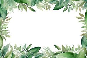 ai genererad vattenfärg ram med grön löv. hand dragen illustration isolerat på vit bakgrund, vattenfärg hand målad ram med tropisk grön löv och grenar, ai genererad foto