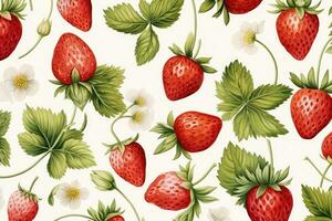 ai genererad sömlös mönster med jordgubbar och löv på en vit bakgrund, vattenfärg illustration av jordgubbar anordnad vågrätt i en sömlös mönster med ram dekoration foto