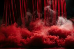 ai genererad scen med en röd ridå i en moln av rök och strålkastare. begrepp för prestanda, show, konsert, teater. generativ ai foto