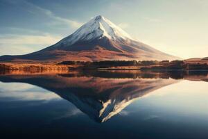 ai genererad montera fuji reflekterad i sjö yamanaka, yamanashi, Japan, vulkanisk berg i morgon- ljus reflekterad i lugna vattnen av sjö, ai genererad foto