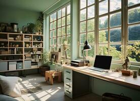 ai genererad en Hem kontor med en skrivbord, dator, bokhyllor, och en stor fönster med en se av träd. de rum är målad en ljus grön Färg och har en mysigt, levde i känna. foto