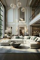 ai genererad ljus och luftig levande rum med vit sektions soffa och runda kaffe tabell. de soffa är accentuerad med kuddar och en kasta filt foto