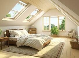 ai genererad mysigt vinden sovrum med vit säng, takfönster, matta, och bild på vägg. säng är tillverkad och takfönster förse naturlig ljus, framställning rum känna ljus och luftig. foto