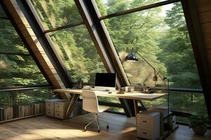 ai genererad en modern kontor Plats funktioner en stor triangel- fönster den där erbjudanden en panorama- se av en skog. de Plats är möblerad med en minimalistisk skrivbord foto