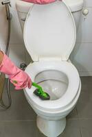kvinna rengöring toalett foto
