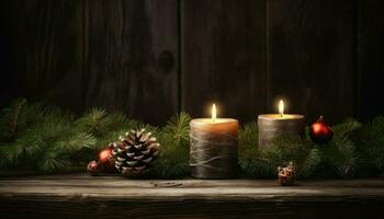 ai genererad jul ljus och dekorationer på en trä- tabell foto
