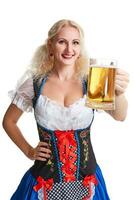 skön ung blond flicka av oktoberfest öl ölkrus foto