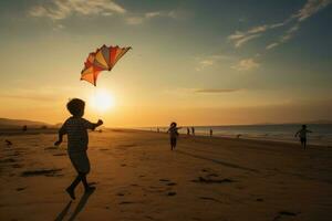 ai genererad semester vind hav barn drake himmel pojke människor livsstil strand solnedgång utomhus- Semester foto