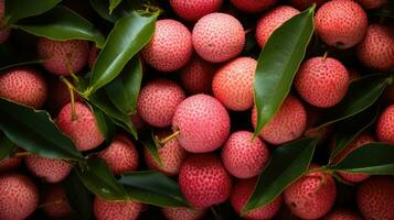 ai genererad frukt exotisk asiatisk närbild Litchi mat ljuv saftig rosa friska utsökt blad mogen foto