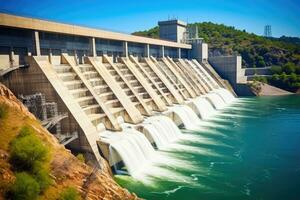 ai genererad himmel flod betong arkitektur vattenkraft sjö industriell kraft hydro reservoar foto